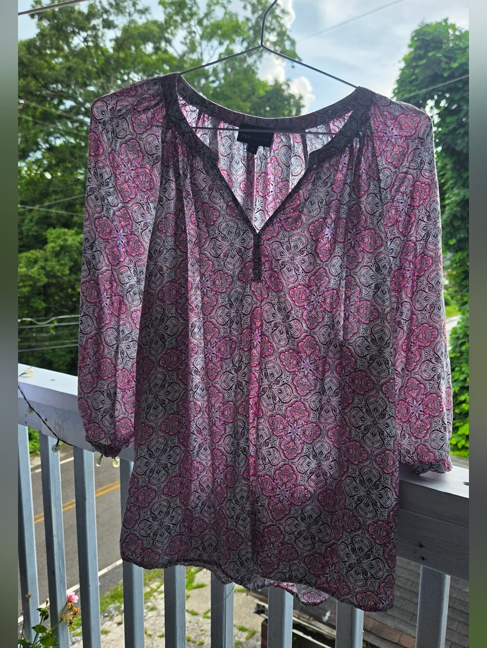 Jones New York Pink and Black Sheer Printed Blouse